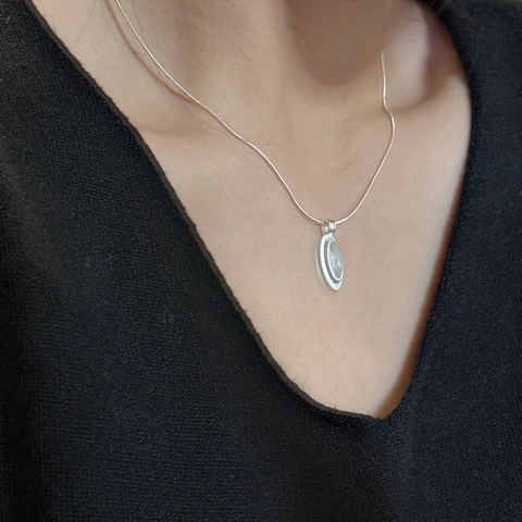 925 Sterling Silver Minimalist Oval Black Agate Moonstone Pendant Necklace French Vintage Polished Snake Chain For Women Jewelry Gift