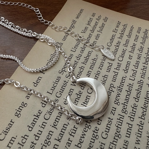 925 Sterling Silver Double Layer Moon Pendant Necklace For Women Minimalist Crescent Bone Chain Korean Style Jewelry Gift