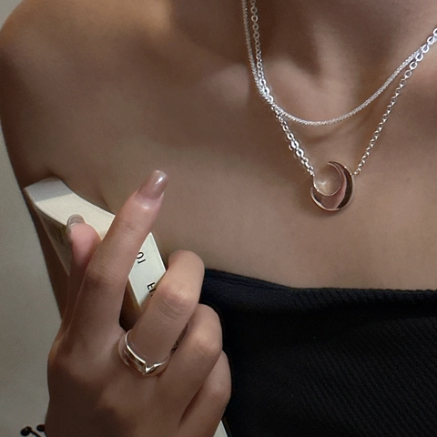 925 Sterling Silver Double Layer Moon Pendant Necklace For Women Minimalist Crescent Bone Chain Korean Style Jewelry Gift