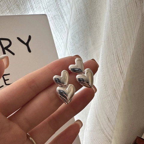 Pendientes de Botón de Doble Corazón de Plata de Ley 925 Joyería de Moda Pulida Espejo Estilo Coreano Regalo para Mujer