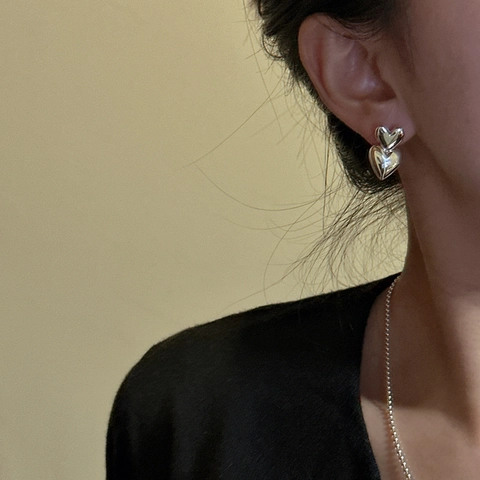 Pendientes de Botón de Doble Corazón de Plata de Ley 925 Joyería de Moda Pulida Espejo Estilo Coreano Regalo para Mujer