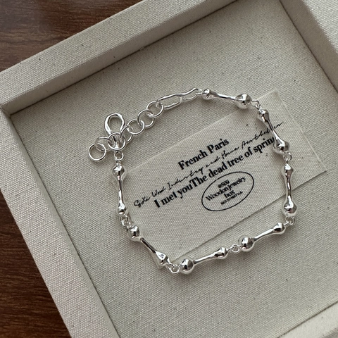 Bracciale in Argento Sterling S925 a Giunto Osseo per Donna Design di Nicchia Coreano Minimalista Irregolare Lucidato Regolabile