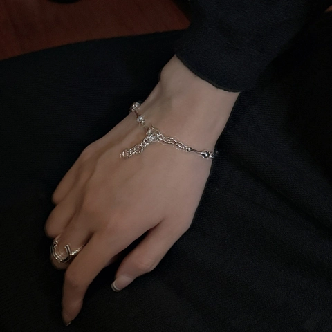 Bracciale in Argento Sterling S925 a Giunto Osseo per Donna Design di Nicchia Coreano Minimalista Irregolare Lucidato Regolabile