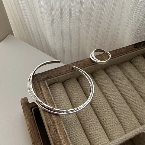 925 Sterling Silver Hammered Texture Double Layer Open Bangle For Women Minimalist Fashion Adjustable Cross Line Cuff Bracelet
