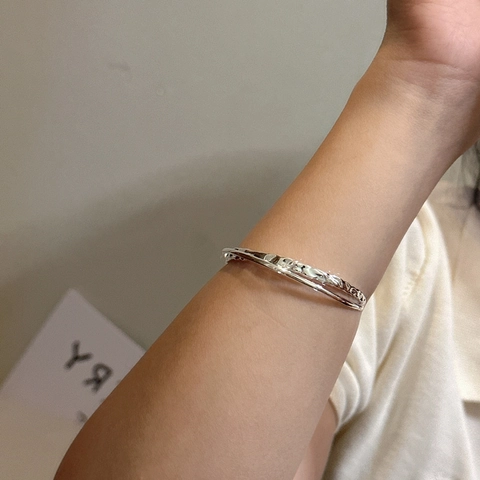 925 Sterling Silver Hammered Texture Double Layer Open Bangle For Women Minimalist Fashion Adjustable Cross Line Cuff Bracelet