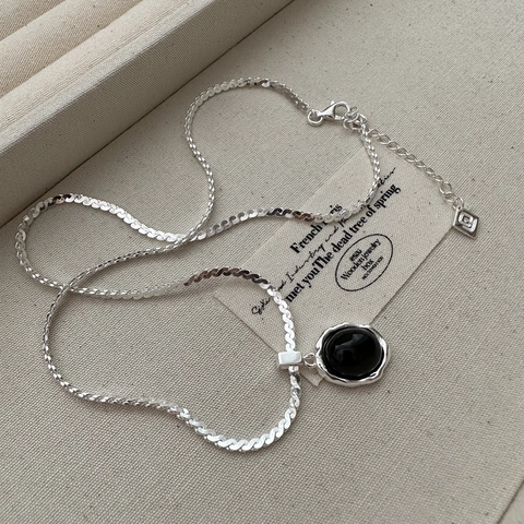 Collana con Pendente in Onice Nero Argento Sterling S925 per Donna Catena a Serpente Martellata Irregolare Vintage Minimalista