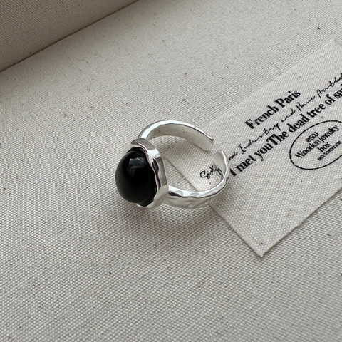 925 Sterling Silver Black Onyx Open Ring Vintage Hammered Texture Adjustable Finger Ring For Women Korean Fashion Jewelry