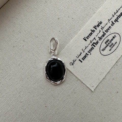 925 Sterling Silver Black Agate Pendant Necklace Vintage Minimalist Oval Textured Wave Border Jewelry Gift For Women