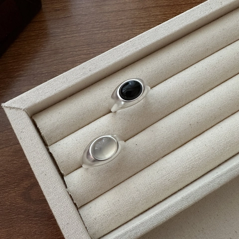 925 Sterling Silver Ring For Women Minimalist Matte Frosted Adjustable Open Finger Ring With Oval Black Agate Gemstone Jewelry