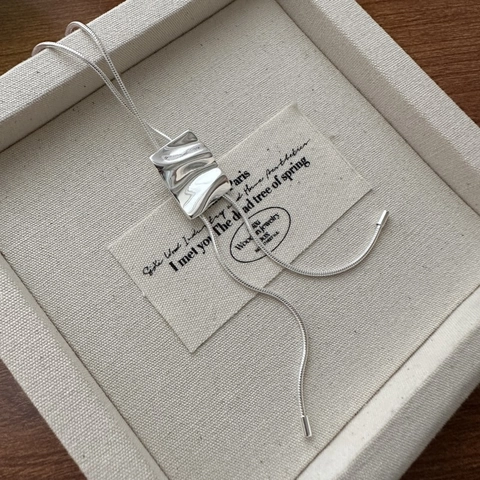925 Sterling Silver Square Pleated Pendant Long Necklace For Women Minimalist Adjustable Snake Chain Sweater Chain Fashion Jewelry