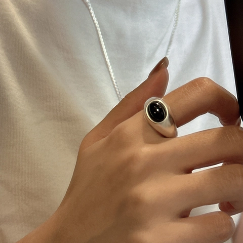 925 Sterling Silver Ring For Women Minimalist Matte Frosted Adjustable Open Finger Ring With Oval Black Agate Gemstone Jewelry