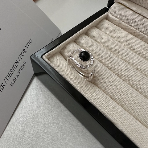 S925 Sterling Silver Black Onyx Open Ring For Women Hammered Texture Adjustable Simple Vintage Hand Jewelry Gift