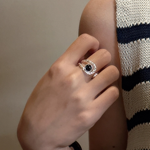 S925 Sterling Silver Black Onyx Open Ring For Women Hammered Texture Adjustable Simple Vintage Hand Jewelry Gift