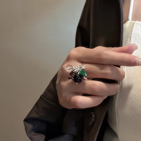 Anillo Ajustable Abierto de Plata de Ley 925 Estilo Coreano Vintage con Colgantes de Racimo de Uvas y Cuentas de Piedra Natural