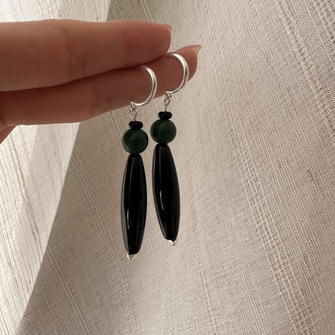 S925 Sterling Silver Vintage Drop Earrings For Women Dark Green Round Bead Black Agate Minimalist Dangle Earrings Jewelry Gift