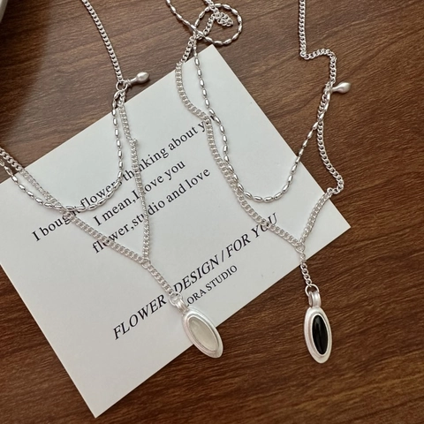 Authentic 925 Sterling Silver Double Layer Necklace For Women Vintage Oval Synthetic Agate Pendant Minimalist Sweater Chain Jewelry Gift