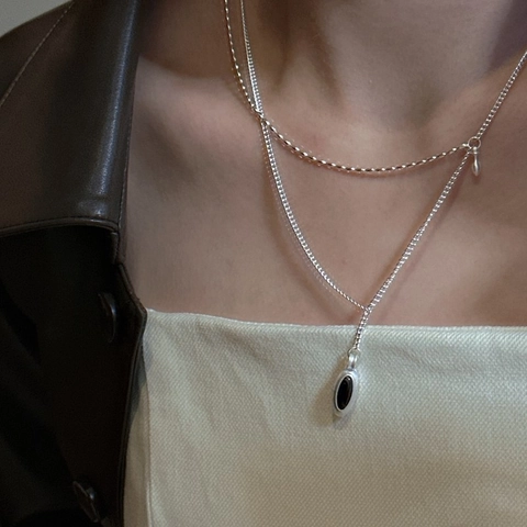 Authentic 925 Sterling Silver Double Layer Necklace For Women Vintage Oval Synthetic Agate Pendant Minimalist Sweater Chain Jewelry Gift