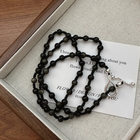 925 Sterling Silver Woven Obsidian Beaded Necklace Vintage Retro Long Sweater Chain For Men Women Adjustable Jewelry Gift
