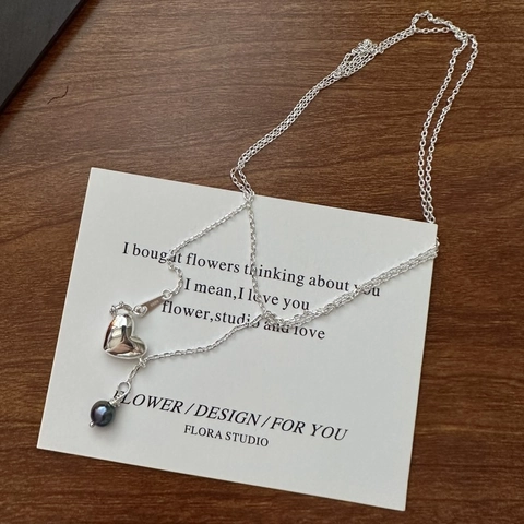 Collier Pendentif Cœur en Argent Sterling S925 Minimaliste Avec Perle Artificielle Grise Chaîne Longue pour Femme Bijoux