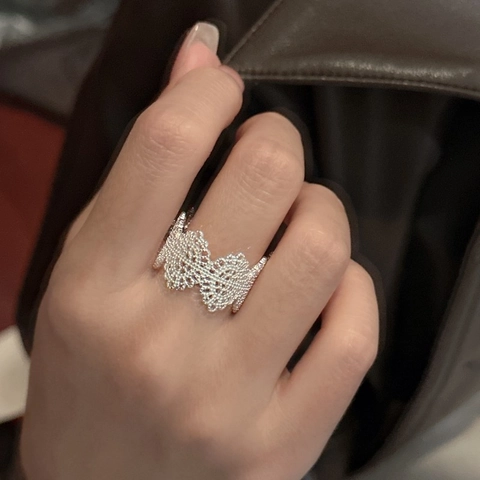 Anello Aperto in Argento Sterling 925 con Pizzo Floreale Traforato Stile Coreano INS Minimalista Retro Regolabile Geometrico per Donna Gioielli