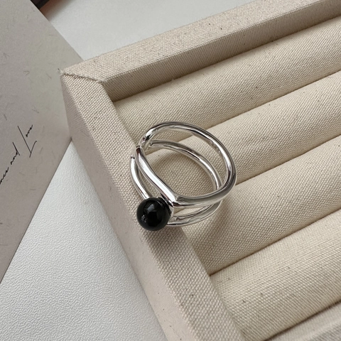S925 Sterlingsilber Doppelschicht Offener Ring Damen Minimalistisch Schwarzer Achat Verstellbar Fingerring Mode Schmuck