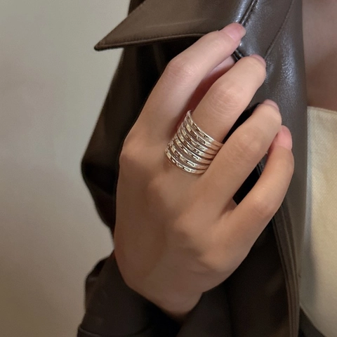 Anello Aperto Regolabile Multistrato in Argento Sterling 925 per Donna Anello a Fascia Larga Strutturato Minimalista Gioielli Regalo