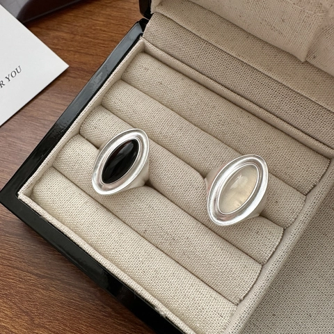 Retro 925 Sterlingsilber Matt Offener Ring Für Damen Minimalistisch Oval Schwarz Weiß Achat Verstellbarer Fingerring Schmuck