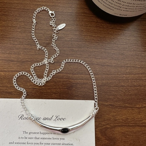 925 Sterlingsilber Schwarzer Achat Lächeln Bogen Halskette Minimalistisch Retro Stil Schlüsselbeinkette Schmuck Für Damen