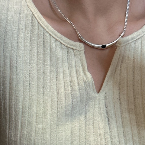 925 Sterlingsilber Schwarzer Achat Lächeln Bogen Halskette Minimalistisch Retro Stil Schlüsselbeinkette Schmuck Für Damen