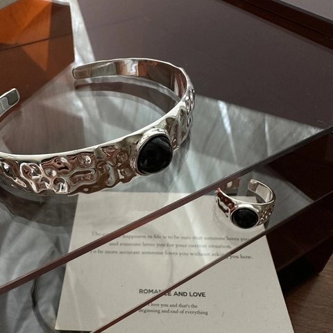 925 Sterlingsilber Achat Armband Ring Set Gehämmert Textur Offene Armreif Verstellbare Ring Minimalistische Damen Schmuck