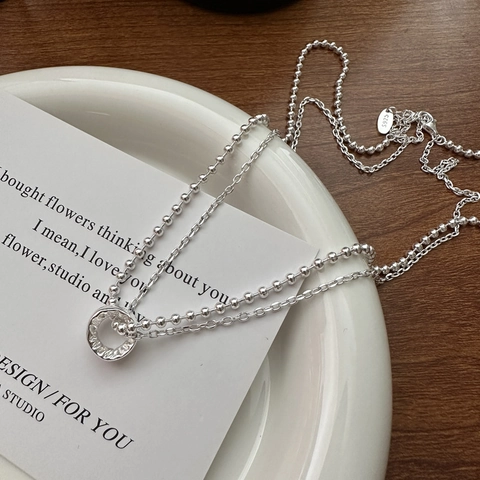 Collana a Doppio Strato in Argento Sterling 925 Ciondolo a Cerchio Tondo Geometrico Gioielli Minimalisti in Stile Coreano per Donna