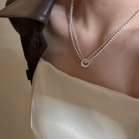 Collana a Doppio Strato in Argento Sterling 925 Ciondolo a Cerchio Tondo Geometrico Gioielli Minimalisti in Stile Coreano per Donna