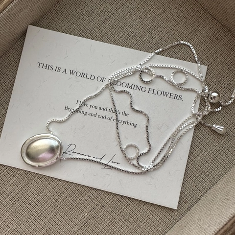 Collana Minimalista in Argento Sterling 925 Pendente Ovale Lucido Catena Veneziana Regolabile Gioielli da Donna Stile Coreano