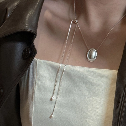 Collana Minimalista in Argento Sterling 925 Pendente Ovale Lucido Catena Veneziana Regolabile Gioielli da Donna Stile Coreano