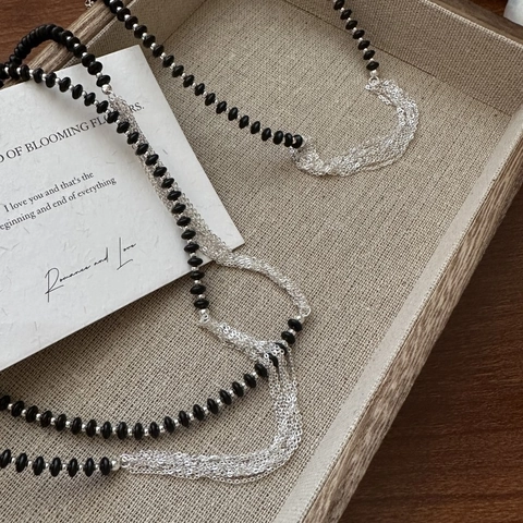 S925 Sterling Silver Black Agate Multi Layer Long Necklace For Women Korean Style Polished Sweater Chain Jewelry