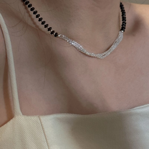 S925 Sterling Silver Black Agate Multi Layer Long Necklace For Women Korean Style Polished Sweater Chain Jewelry