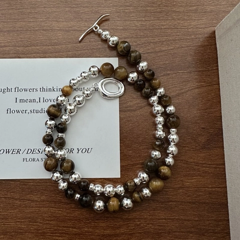 S925 Sterling Silver Tiger Eye Beaded Necklace With OT Toggle Clasp Gradient Round Beads Retro Minimalist Clavicle Chain Jewelry For Women
