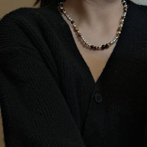 S925 Sterling Silver Tiger Eye Beaded Necklace With OT Toggle Clasp Gradient Round Beads Retro Minimalist Clavicle Chain Jewelry For Women