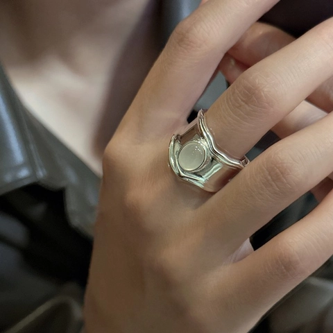 925 Sterling Silver Agate Ring For Women Vintage Wide Band Irregular Lava Texture Adjustable Open Ring Niche Design Jewelry