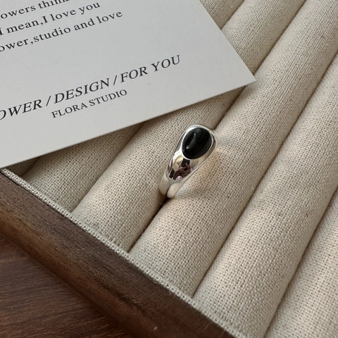 S925 Sterling Silver Black Agate Ring For Women Minimalist Adjustable Oval Gemstone Open Finger Ring Korean Style Jewelry