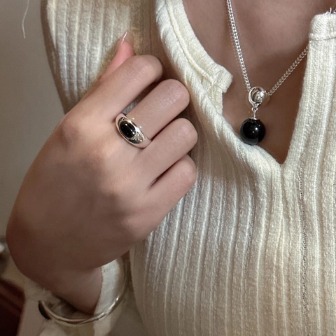 S925 Sterling Silver Black Agate Ring For Women Minimalist Adjustable Oval Gemstone Open Finger Ring Korean Style Jewelry