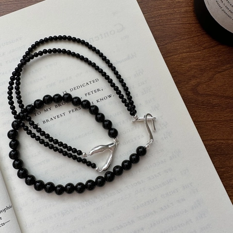 Collana a Forma di Y in Argento Sterling 925 con Perline di Agata Nera per Donna Catena della Clavicola Artigianale Minimalista