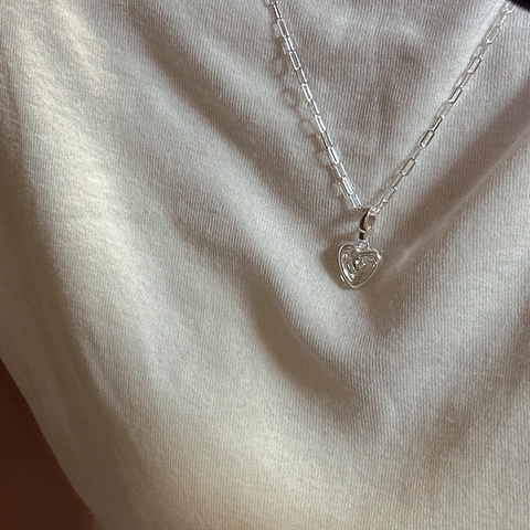 925 Sterlingsilber Puffiges Herz Anhänger Halskette Für Damen Französischer Vintage Poliert Büroklammerkette Minimalistisch Schmuck