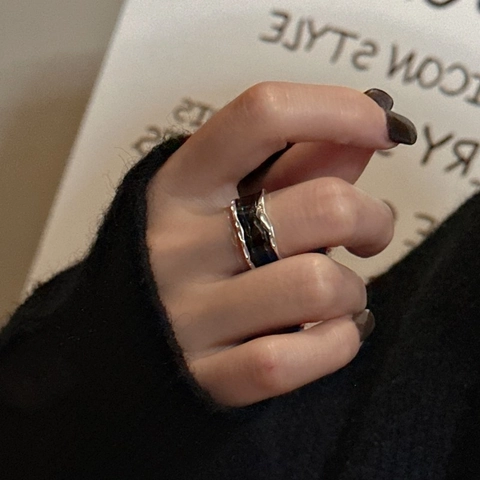 925 Sterling Zilver Zwart Druppelglazuur Open Ring Voor Dames Minimalistisch Onregelmatige Textuur Verstelbare Retro Emaille Vingerring Sieraden