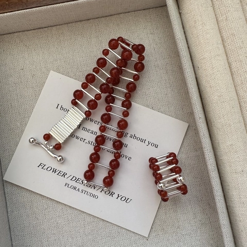 Korean Design S925 Sterling Silver Red Agate Jewelry Set For Women Individual Geometric Bracelet And Ring New Year Gift