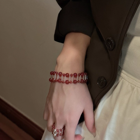 Korean Design S925 Sterling Silver Red Agate Jewelry Set For Women Individual Geometric Bracelet And Ring New Year Gift