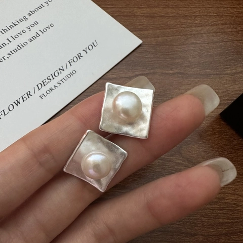 Orecchini a Bottone Quadrati Geometrici in Argento Sterling 925 per Donna Orecchini Minimalisti con Perle Artificiali Gioielli alla Moda Regalo