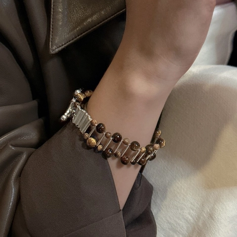 925 Sterling Silver Tiger's Eye Bracelet With OT Buckle Retro Double Layer Maillard Style Geometric Jewelry For Women