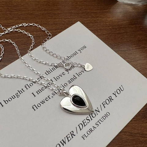 S925 Sterlingsilber Herz Schwarzer Achat Anhänger Halskette Für Damen Minimalistisch Vintage Träne Schwarzer Edelstein Kette