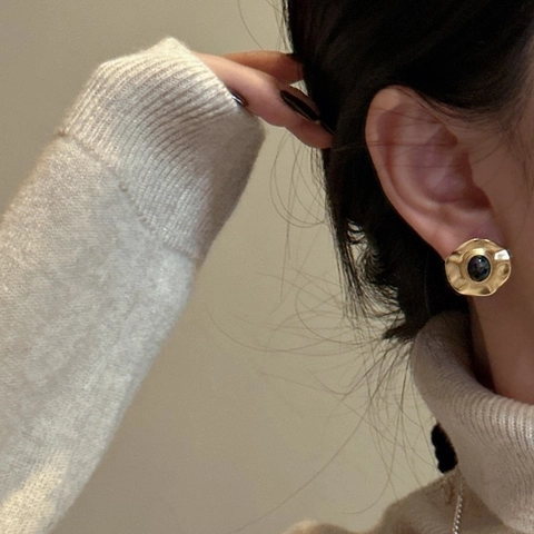 Boucles d'Oreilles Clous Disque Ondulé en Argent Sterling 925 Avec Pierre Naturelle Bijoux Géométriques Martelées Vintage pour Femmes